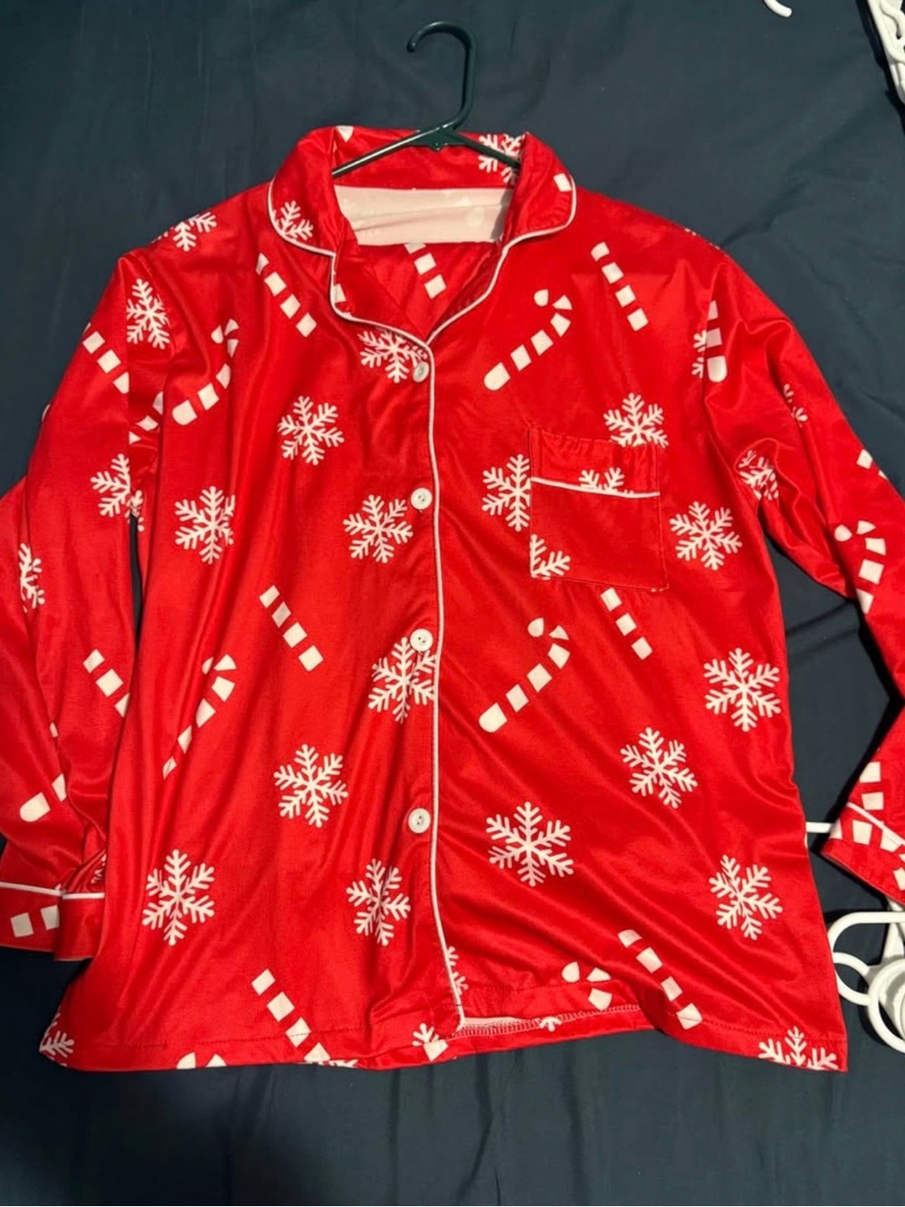 Red Holiday Candy Cane & Snowflake Pajama Top with matching bottoms